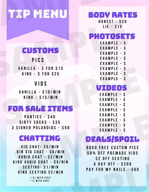 Onlyfans Tip Menu Templates Full Pics Video Content 685