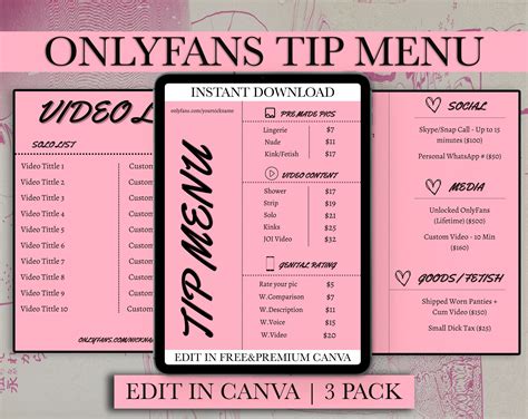 Onlyfans Tip Menu Tip Menu Templates Social Media Templates Adult Content Creators Canva