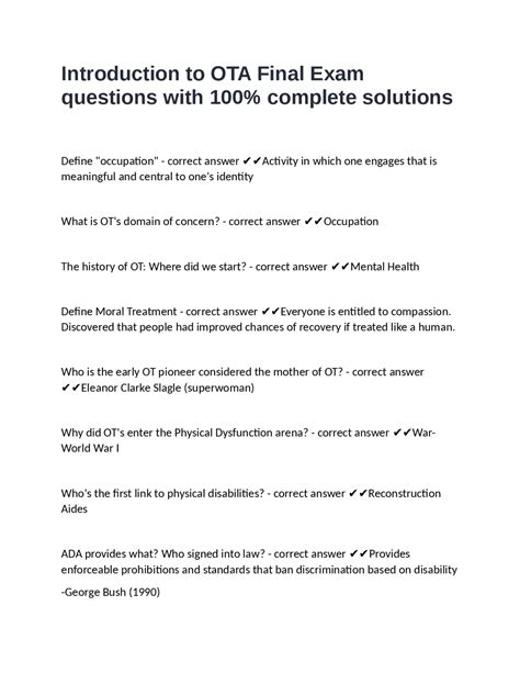 Ot Foundations Exam 1 Questions And Verified Answers Exams Occupational Therapy Docsity