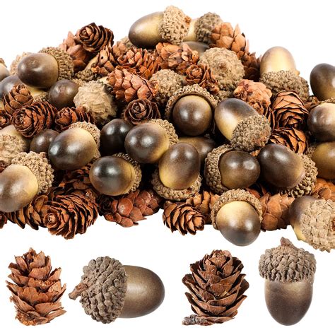 Pangda 120 Pieces Artificial Acorns And Pine Cones Lifelike Simulation Small Acorn With Acorn Cap Hanging Ornaments Acorn Decorations For Crafting