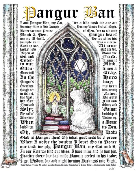 Pangur Ban English Text Or Original Old Irish Text Original Art Print Celtic Art Etsy