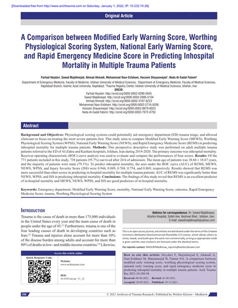 Pdf A Comparison Between Modified Early Warning Score Worthing Physiological Scoring System