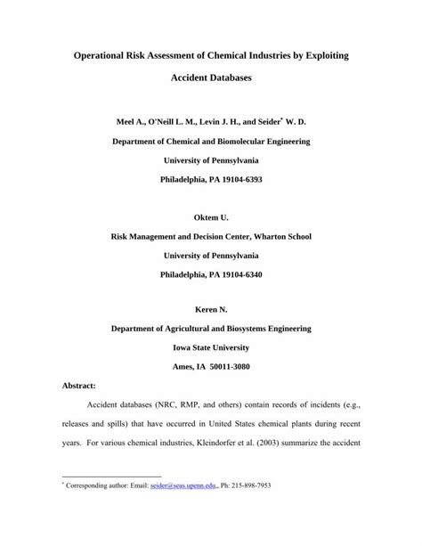 Pdf Operational Risk Assessment Of Chemical Industries By Opim Wharton Upenn Edu Risk