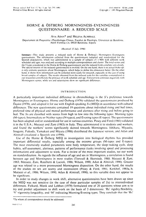 Pdf Validation Of Horne And Ostberg Morningness Eveningness Questionnaire In A Middle Aged