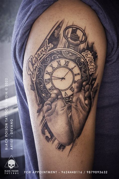Pocket Watch Tattoo With Name Birth Date On Shoulder Timeless And Meaningful Ink