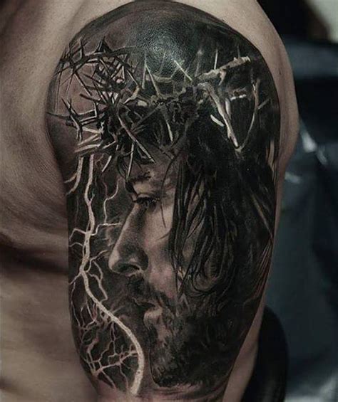 Portrait Of Jesus Christ Upper Arm Realistic Blackandgrey Tattoo Art By Andrew Bali S Premium Tattoo Studio New Zealand Owned Operated World Class Award Winning Artists Custom