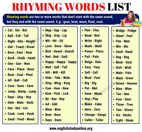 Rhyming Words List Of 70 Interesting Words That Rhyme