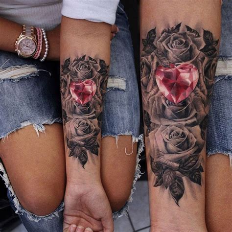 Ruby Heart Roses Arm Tattoo