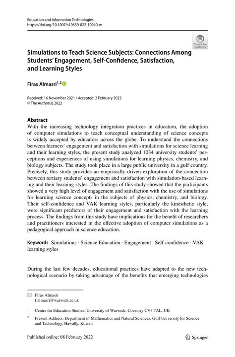 Simulations To Teach Science Subjects Connections Among Students Engagement Self Confidence Satisfaction And Learning Styles Education And Information Technologies Springer Nature Link