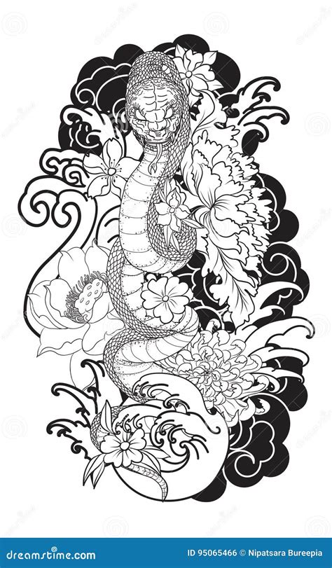 Snake Tattoo With Sakura And Peony Flower Stock Illustration Illustration Of Entwined Abstract 95065466