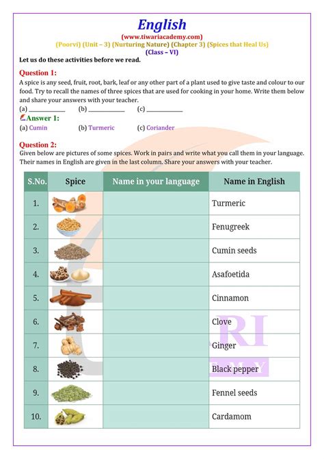 Solution Spices That Heal Us English Class 6 Unit 3 Chapter 3