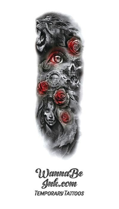 Sugar Skull Woman Roses Time Skulls Lion Roaring Temporary Sleeve Tattoos Wannabeink Com Sugar Skull Woman Roses Time Skulls Lion Roaring Temporary Sleeve Tattoos Wannabeink Com