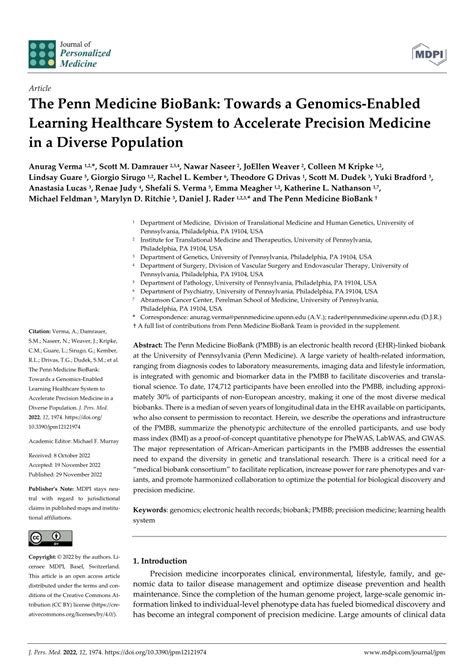 The Penn Medicine Biobank Towards A Genomics Enabled Learning Healthcare System To Accelerate Precision Medicine In A Diverse Population