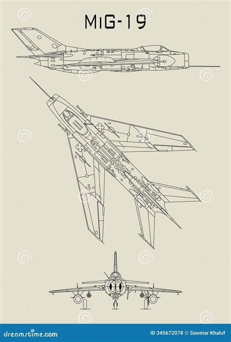 This Blueprint Showcases A Detailed Technical Drawing Of The Mig 19 Jet Fighter The Image