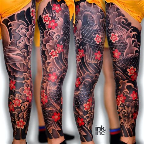 This Full Sleeve Color Tattoo Brings Together Two Powerhouse Symbols Of Japanese Ink Culture The Koi Fish And The Oni Mask Designed And Tattooed In Our Bangkok Tattoo Studio Every Detail Of This