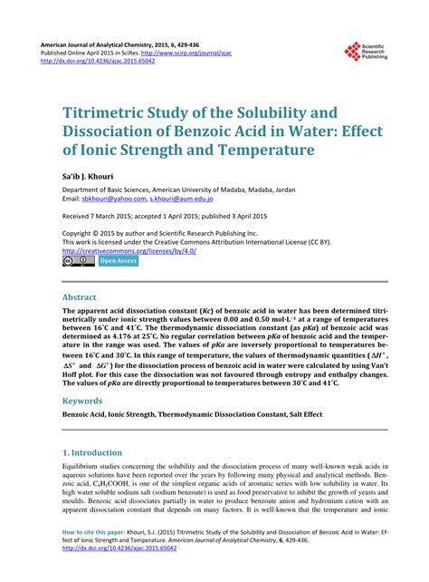 Titrimetric Study Of The Solubility And Dissociation Of Benzoic Acid In Water Effect Of Ionic Strength And Temperature