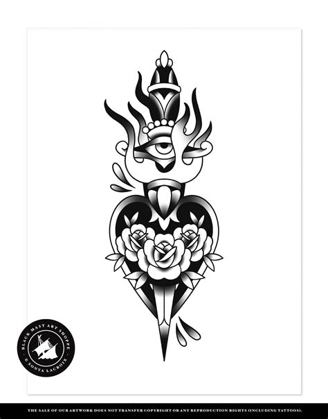 Traditional Heart And Dagger Tattoo Flash