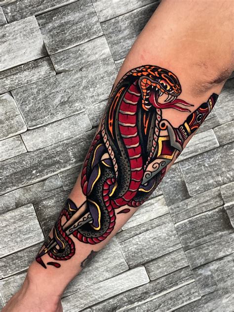 Traditional Snake With Dagger Done By Me R Traditionaltattoos