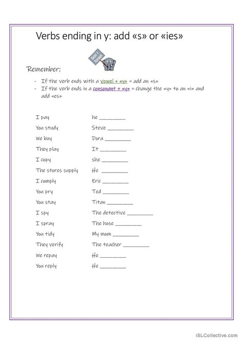 Verbs Ending In Y 3Rd Person Singu English Esl Worksheets Pdf Worksheets Library