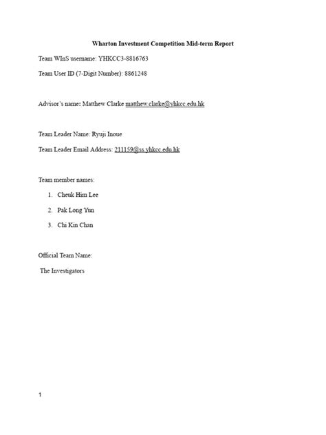 Wharton Investment Competition Mid Term Report Pdf