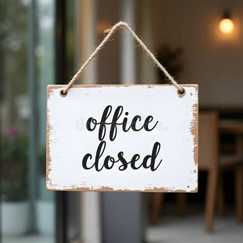White Wooden Office Closed Sign With Black Text Hanging By Rustic Twine Against Blurred Glass White Wooden Office Closed Sign With Black Text Hanging By Rustic Twine Against Blurred Glass