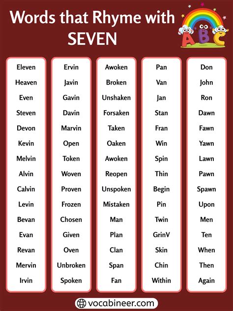 Words That Rhyme With Seven List Of 470 Words Collection